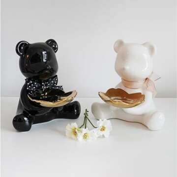 VISIBLE Ceramic Bear Figurines Statue Key Holder Bowl Tray, Bear Sculpture Tray for Modern Home Entryway Table Decor, Storage Key, Candy, Coin, Small Object.(Black)