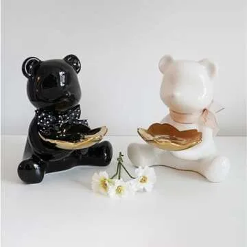 VISIBLE Ceramic Bear Figurines Statue Key Holder Bowl Tray, Bear Sculpture Tray for Modern Home Entryway Table Decor, Storage Key, Candy, Coin, Small Object.(Black)