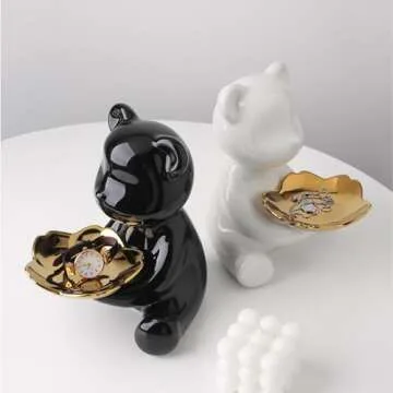VISIBLE Ceramic Bear Figurines Statue Key Holder Bowl Tray, Bear Sculpture Tray for Modern Home Entryway Table Decor, Storage Key, Candy, Coin, Small Object.(Black)