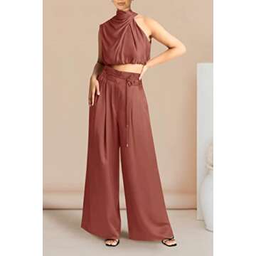 PRETTYGARDEN Women's 2 Piece Outfits 2025 Summer Casual Sleeveless Mock Neck Crop Tops Wide Leg Pants Set (Brown Red,Large)