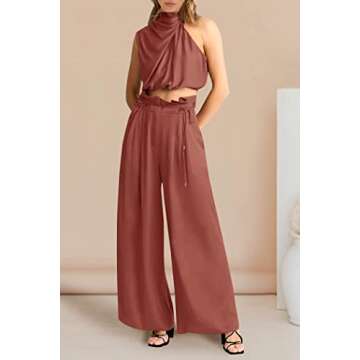 PRETTYGARDEN Women's 2 Piece Outfits 2025 Summer Casual Sleeveless Mock Neck Crop Tops Wide Leg Pants Set (Brown Red,Large)