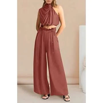 PRETTYGARDEN Women's 2 Piece Outfits 2025 Summer Casual Sleeveless Mock Neck Crop Tops Wide Leg Pants Set (Brown Red,Large)