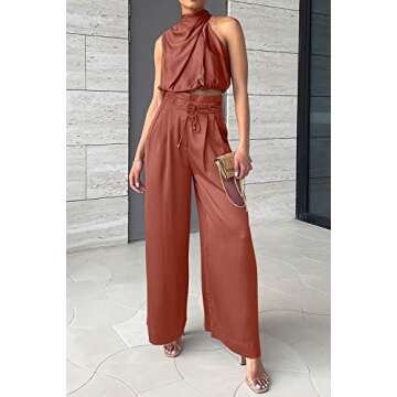 PRETTYGARDEN Women's 2 Piece Outfits 2025 Summer Casual Sleeveless Mock Neck Crop Tops Wide Leg Pants Set (Brown Red,Large)