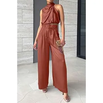 PRETTYGARDEN Women's 2 Piece Outfits 2025 Summer Casual Sleeveless Mock Neck Crop Tops Wide Leg Pants Set (Brown Red,Large)