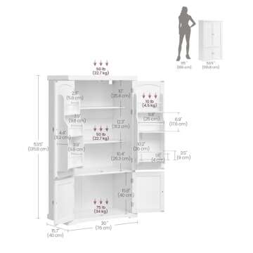 VASAGLE Pantry Cabinet, 15.7 x 30 x 53.5 Inches, Freestanding Tall Cupboard Storage Cabinet, 2 Cabinets, 2 Adjustable Shelves, 6 Door Shelves, for Living Room, Kitchen, White UBBC671W01