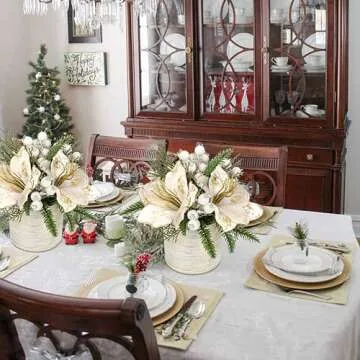 Briful 11.4 Inch Christmas Tree Large Artificial Potted Christmas Arrangment in Pot with White Pine Snowy and Magnolia Xmas Flowers for Centrepieces Table Window Console Countertop Décor