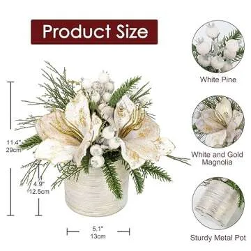 Briful 11.4 Inch Christmas Tree Large Artificial Potted Christmas Arrangment in Pot with White Pine Snowy and Magnolia Xmas Flowers for Centrepieces Table Window Console Countertop Décor