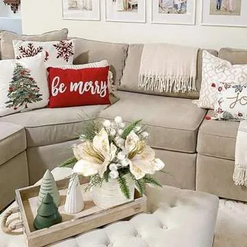 Briful 11.4 Inch Christmas Tree Large Artificial Potted Christmas Arrangment in Pot with White Pine Snowy and Magnolia Xmas Flowers for Centrepieces Table Window Console Countertop Décor