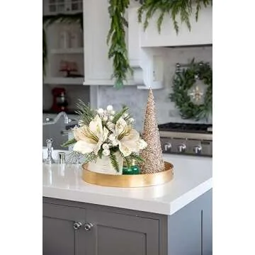 Briful 11.4 Inch Christmas Tree Large Artificial Potted Christmas Arrangment in Pot with White Pine Snowy and Magnolia Xmas Flowers for Centrepieces Table Window Console Countertop Décor