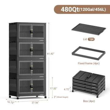 BROVIEW 120 Qt Stackable Storage Bins with Lid, Closet Organizer and Storage Drawer, Collapsible Sto...