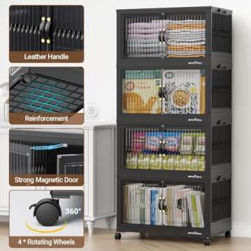 BROVIEW 120 Qt Stackable Storage Bins with Lid, Closet Organizer and Storage Drawer, Collapsible Storage Box with Wheels, Plastic Clothes Storage Cabinet Containers for Home Organization, 4Pack Black