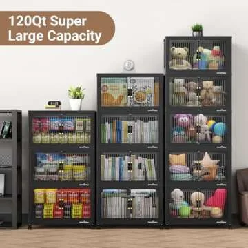 BROVIEW 120 Qt Stackable Storage Bins with Lid, Closet Organizer and Storage Drawer, Collapsible Storage Box with Wheels, Plastic Clothes Storage Cabinet Containers for Home Organization, 4Pack Black