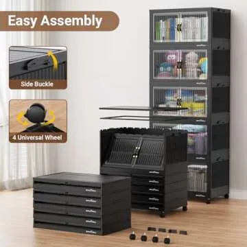 BROVIEW 120 Qt Stackable Storage Bins with Lid, Closet Organizer and Storage Drawer, Collapsible Storage Box with Wheels, Plastic Clothes Storage Cabinet Containers for Home Organization, 4Pack Black