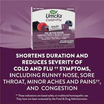 Nature's Way Cold + Flu Relief FastActives, Umcka, Homeopathic, Fever, Sore Throat, Cough, Congestion, Body Aches, Phenylephrine Free, Non-Drowsy, Berry Flavored, 10 Packets (Packaging May Vary)
