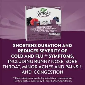 Nature's Way Cold + Flu Relief FastActives, Umcka, Homeopathic, Fever, Sore Throat, Cough, Congestion, Body Aches, Phenylephrine Free, Non-Drowsy, Berry Flavored, 10 Packets (Packaging May Vary)