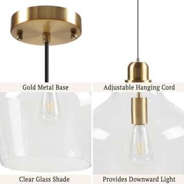 Hampton Hill Auburn Pendant Kitchen Lighting for Dining Room, Industrial Kitchen Lights, Hand-blown Glass Bell Shaped Pendant Light for Kitchen Island, Foyer, Bedroom, 9" Dia x 95.5" H, Gold/Clear