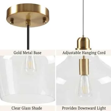 Hampton Hill Auburn Pendant Kitchen Lighting for Dining Room, Industrial Kitchen Lights, Hand-blown Glass Bell Shaped Pendant Light for Kitchen Island, Foyer, Bedroom, 9" Dia x 95.5" H, Gold/Clear