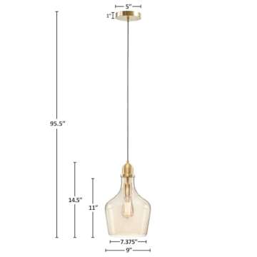 Hampton Hill Auburn Pendant Kitchen Lighting for Dining Room, Industrial Kitchen Lights, Hand-blown Glass Bell Shaped Pendant Light for Kitchen Island, Foyer, Bedroom, 9" Dia x 95.5" H, Gold/Clear