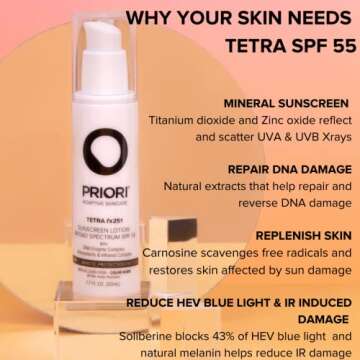 Priori Skincare Tetra Sunscreen Lotion Broad Spectrum SPF 55 Universal Skin Tint, Zinc Oxide Facial ...