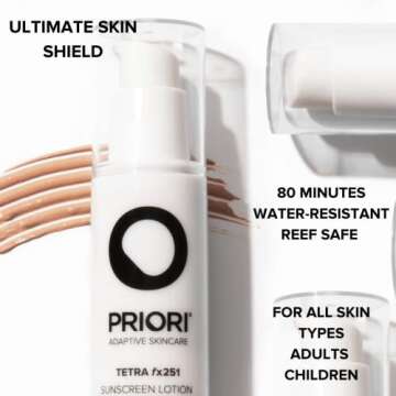 Priori Skincare Tetra Sunscreen Lotion Broad Spectrum SPF 55 Universal Skin Tint, Zinc Oxide Facial Sunscreen, Blue Light Protection, Antioxidant, Matte Finish 1.7 fl oz
