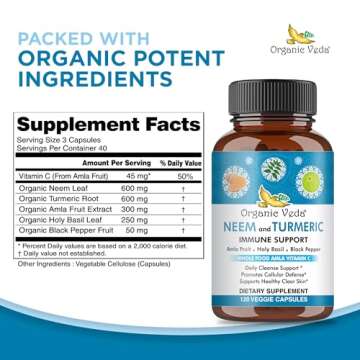 Organic Veda Neem & Turmeric Capsules with Amla Fruit, Tulsi, Holy Basil, Black Pepper Extract - Immune Support Dietary Supplement - Boosts Healthy Clear Skin & Cellular Defense - 120 Vegan Capsules
