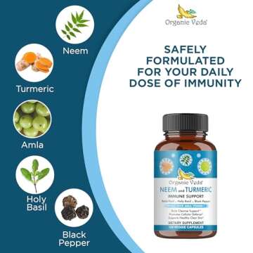 Organic Veda Neem & Turmeric Capsules with Amla Fruit, Tulsi, Holy Basil, Black Pepper Extract - Immune Support Dietary Supplement - Boosts Healthy Clear Skin & Cellular Defense - 120 Vegan Capsules