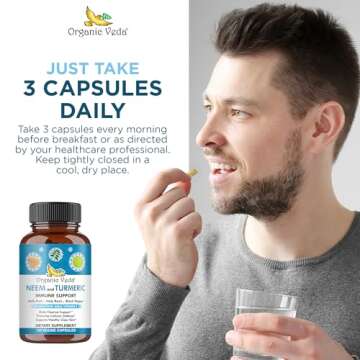 Organic Veda Neem & Turmeric Capsules with Amla Fruit, Tulsi, Holy Basil, Black Pepper Extract - Immune Support Dietary Supplement - Boosts Healthy Clear Skin & Cellular Defense - 120 Vegan Capsules