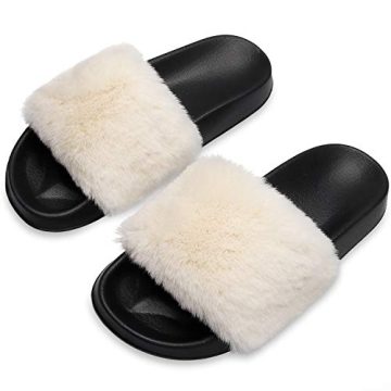 Spesoul Womens Fuzzy Slides Open Toe Furry Slide Slippers Indoor Outdoor Slides Sandals Casual Flat ...