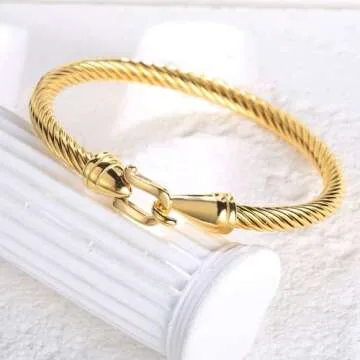 BOLAGTIER Stainless Steel Twisted Cable Wire Bracelets with Hook Adjustable Cuff Bangle Bracelet Vintage Jewelry Gift for Women (Gold)