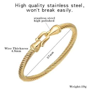BOLAGTIER Stainless Steel Twisted Cable Wire Bracelets with Hook Adjustable Cuff Bangle Bracelet Vintage Jewelry Gift for Women (Gold)