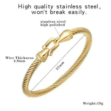 BOLAGTIER Stainless Steel Twisted Cable Wire Bracelets with Hook Adjustable Cuff Bangle Bracelet Vintage Jewelry Gift for Women (Gold)