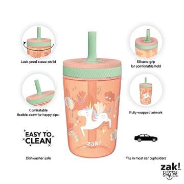 Zak Designs Kelso Tumbler Set 15 oz, (Unicorn) Non-BPA Leak-Proof Screw-On Lid with Straw Made of Durable Plastic and Silicone, Perfect Baby Cup Bundle for Kids (2pc Set)