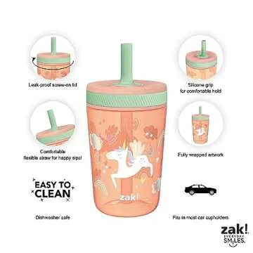 Zak Designs Kelso Tumbler Set 15 oz, (Unicorn) Non-BPA Leak-Proof Screw-On Lid with Straw Made of Durable Plastic and Silicone, Perfect Baby Cup Bundle for Kids (2pc Set)
