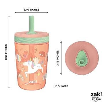 Zak Designs Kelso Tumbler Set 15 oz, (Unicorn) Non-BPA Leak-Proof Screw-On Lid with Straw Made of Durable Plastic and Silicone, Perfect Baby Cup Bundle for Kids (2pc Set)