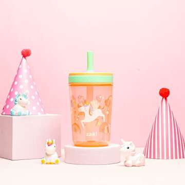 Zak Designs Kelso Tumbler Set 15 oz, (Unicorn) Non-BPA Leak-Proof Screw-On Lid with Straw Made of Durable Plastic and Silicone, Perfect Baby Cup Bundle for Kids (2pc Set)