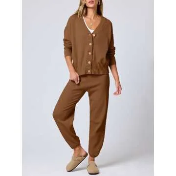 ANRABESS Women 2 Piece Outfits Waffle Knit Long Sleeve Cardigan Set Casual Sweater Pants Lounge Sets...