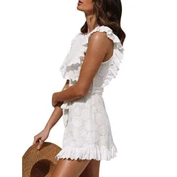 Simplee Women's V Neck Embroidery Short Sleeve Slit One Piece Wrap Dress Eyelet Ruffle Midi Formal Dresses with Belt