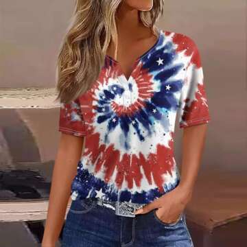 CUCUHAM Patriotic Shirts for Women - Stylish Short Sleeve Henley Tops in Black