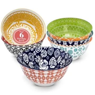 Annovero Deep Cereal Bowls Set Of 6, Colorful Porcelain Microwave Safe Bowls For Soup, Pasta, Salad,...