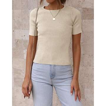 ZESICA Women's Short Sleeve Crewneck T Shirt Summer Ribbed Knit Slim Fit Basic Solid Color Tee Tops,Almond,Small