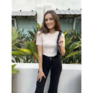 ZESICA Women's Short Sleeve Crewneck T Shirt Summer Ribbed Knit Slim Fit Basic Solid Color Tee Tops,Almond,Small