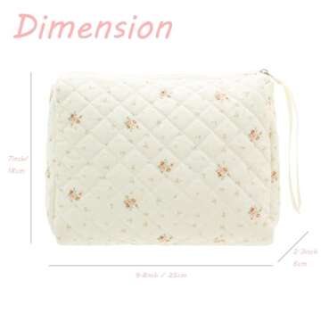 PAZIMIIK Cotton Makeup Bag for Women Large Quilted Travel Cosmetic Pouch Girls' Make Up Organizer,Floral White