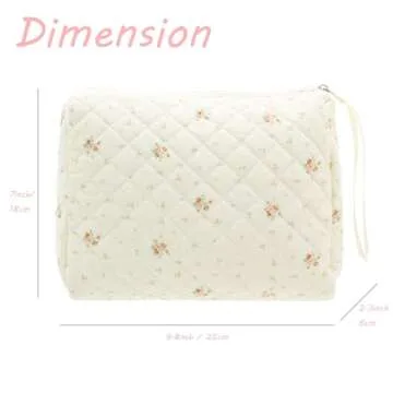 PAZIMIIK Cotton Makeup Bag for Women Large Quilted Travel Cosmetic Pouch Girls' Make Up Organizer,Floral White