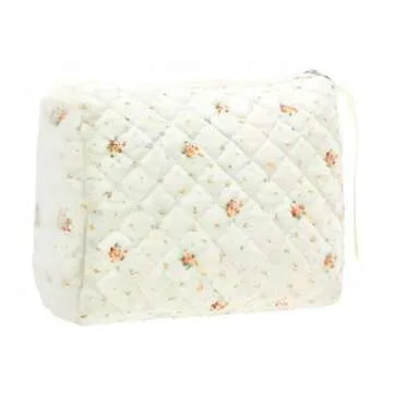 PAZIMIIK Cotton Makeup Bag for Women Large Quilted Travel Cosmetic Pouch Girls' Make Up Organizer,Floral White