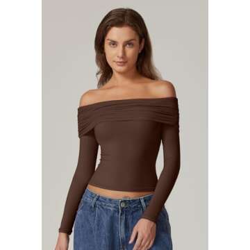 QINSEN Fall Tops for Women Off The Shoulder Long Sleeve T Shirt Cropped Y2k Top Chestnut S
