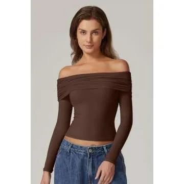 QINSEN Fall Tops for Women Off The Shoulder Long Sleeve T Shirt Cropped Y2k Top Chestnut S