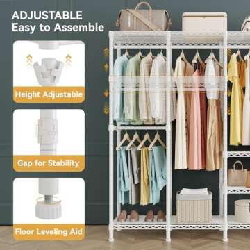 Higeego H5 Extra Large Heavy Duty Clothes Rack, Wire Garment Rack,Large Wardrobe Closet, Freestanding Closet Rack for Hanging Clothes, Clothing Rack with Adjustable Shelf, 93.3" Lx15.7 Wx75.4 H,White