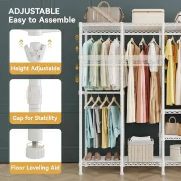 Higeego H5 Extra Large Heavy Duty Clothes Rack, Wire Garment Rack,Large Wardrobe Closet, Freestanding Closet Rack for Hanging Clothes, Clothing Rack with Adjustable Shelf, 93.3" Lx15.7 Wx75.4 H,White