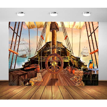 BELECO 7x5ft Fabric Vintage Pirate Ship Backdrop Wooden Rudder Treasure Chests Treasure Map Barrels ...