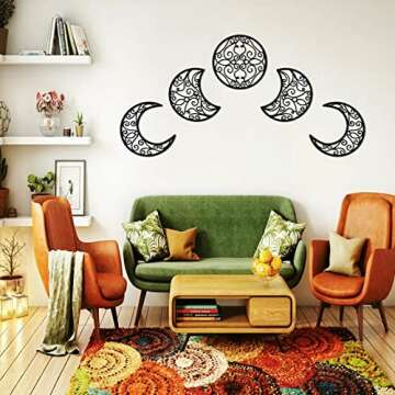 Mlooog Moon Decor Wooden Moon Phase Wall Decor-Bohemian Above Bed Wall Decor For Bedroom - Black Living Room Decor 5 Pack (Flower Of Life)